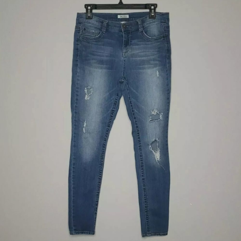 Mudd Women's Medium Wash Distressed Skinny Denim Blue Jeans Size 11